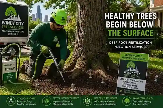 Arborist performing deep root fertilization injection on a tree's root zone in a Chicago yard