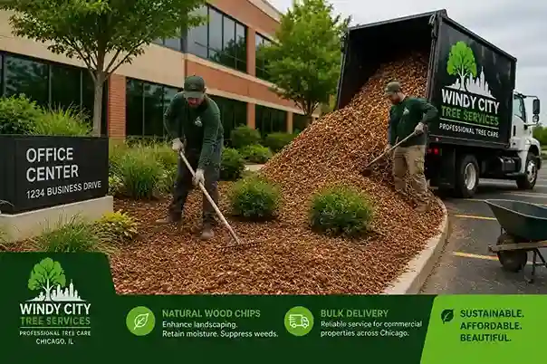 Commercial property landscaping crew applying bulk wood chip mulch