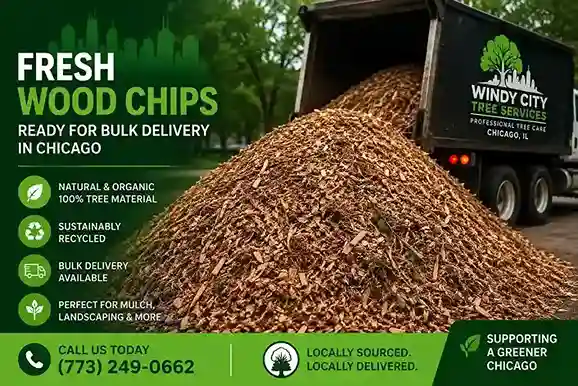 Fresh wood chip pile ready for bulk delivery in Chicago by Windy City Tree Services