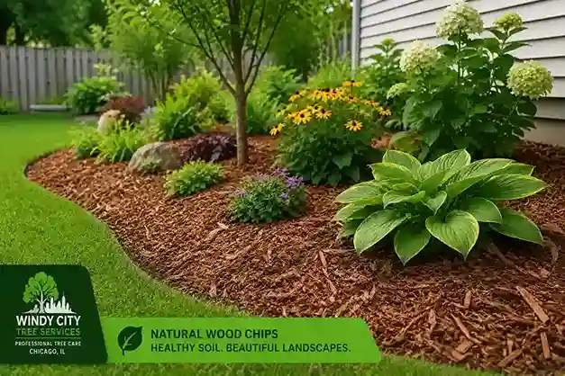 Backyard garden bed freshly mulched with natural wood chips