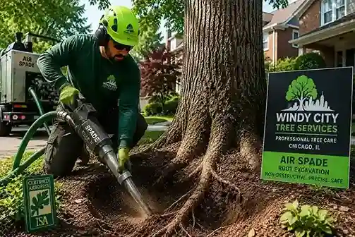 Certified arborist using an Air Spade to excavate soil around tree roots in Chicago