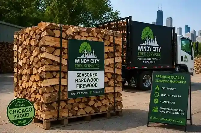 Stacked seasoned hardwood firewood ready for delivery in Chicago