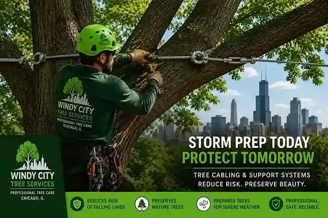 Arborist installing a cable support system in a mature tree to prevent storm damage in Chicago