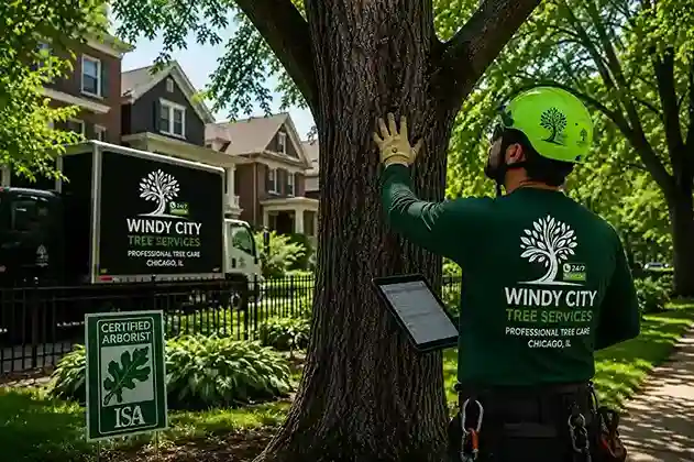 Windy City Tree Services certified arborist assessing a tree in a Chicago neighborhood