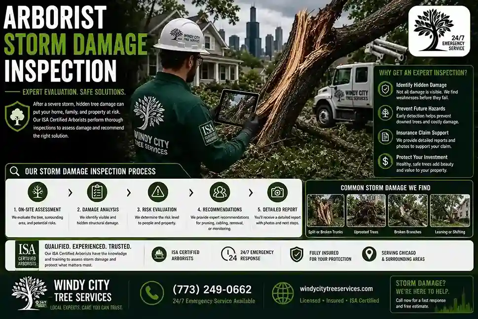 ISA Certified Arborist from Windy City Tree Services in PPE inspecting a mature oak tree's trunk and root flare after a severe Chicago thunderstorm, documenting damage on a tablet with branded service trucks parked nearby