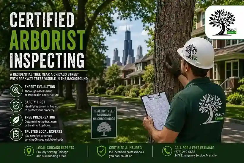 Certified arborist inspecting a residential tree near a Chicago street with parkway trees visible in the background