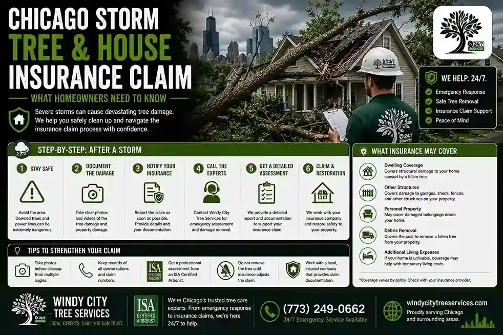 ISA Certified Arborists coordinating with homeowners and safely removing a storm-damaged tree resting on the roof of a Chicago home
