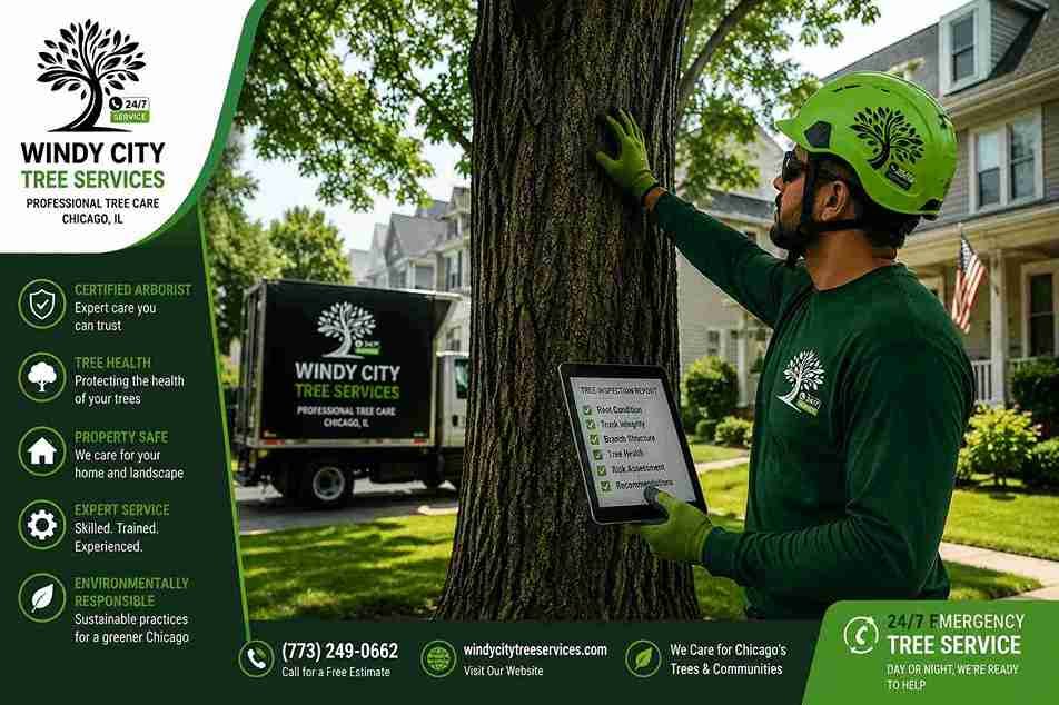 ISA-certified arborist from Windy City Tree Services inspecting a large tree in a Chicago residential neighborhood
