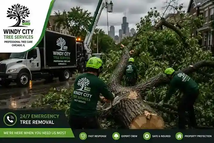 Crew performing emergency tree removal after storm damage in Chicago