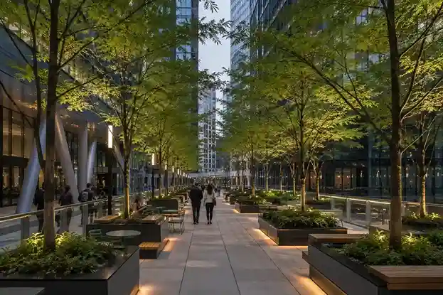 Elevated plaza with honey locust trees between high-rise towers in Chicago's New Eastside neighborhood