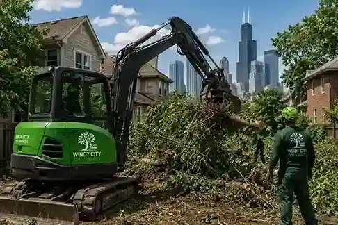 Excavator clearing brush and trees from a residential lot in Chicago