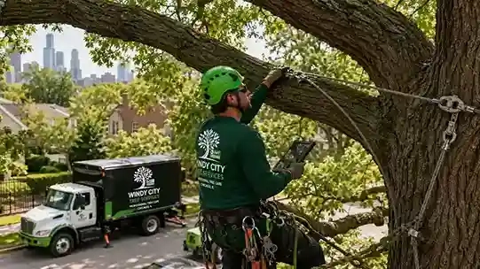 Certified arborist performing tree cabling inspection on a large mature oak in Chicago