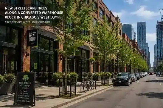 New streetscape trees along a converted warehouse block in Chicago's West Loop