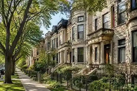 Tree-lined residential street of historic greystones in the Woodlawn neighborhood of Chicago