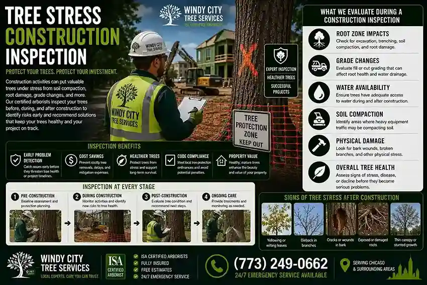 ISA Certified Arborist from Windy City Tree Services inspecting a mature oak tree beside a residential construction project in Chicago, with excavation equipment, compacted soil, exposed roots, protective fencing around the tree, and a branded service truck visible
