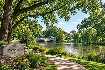Mature trees and lagoon in Jackson Park near the Woodlawn neighborhood of Chicago, designed by Frederick Law Olmsted