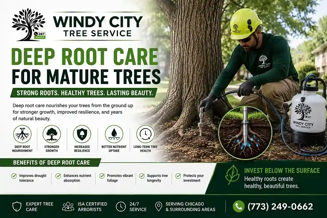 Certified arborist performing deep root care on a mature tree in a Chicago yard, showing root-zone watering and soil evaluation