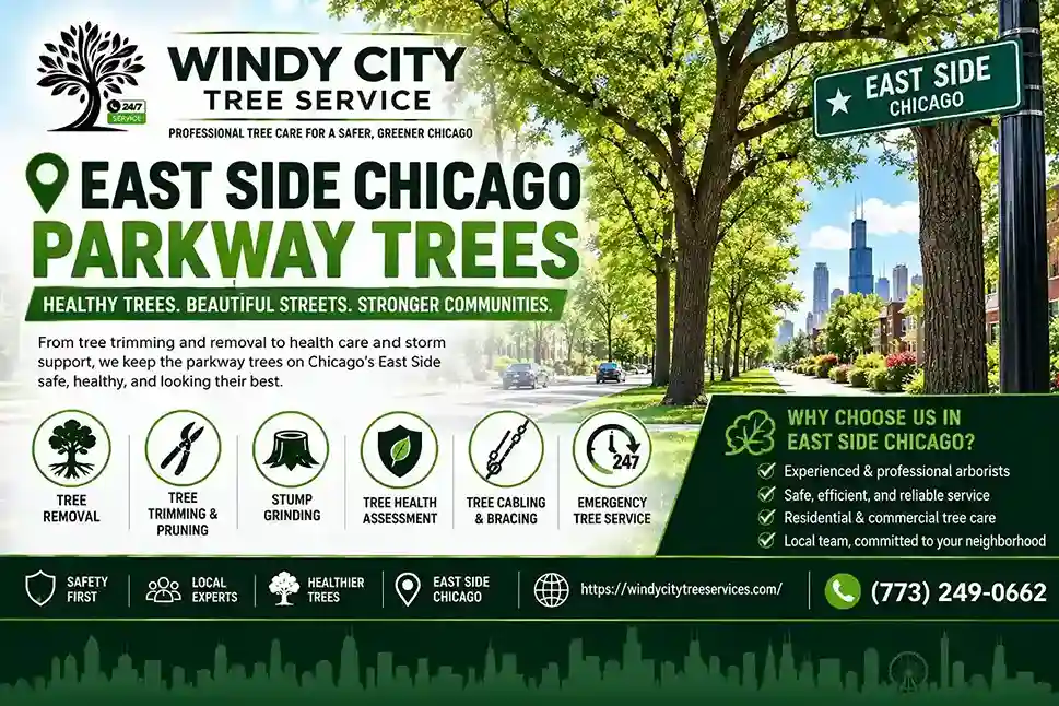 Mature parkway trees along a residential street in the East Side neighborhood of Chicago