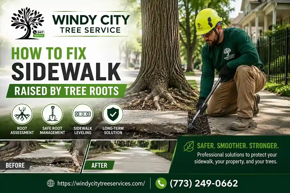 Sidewalk raised by tree roots near a mature Chicago tree