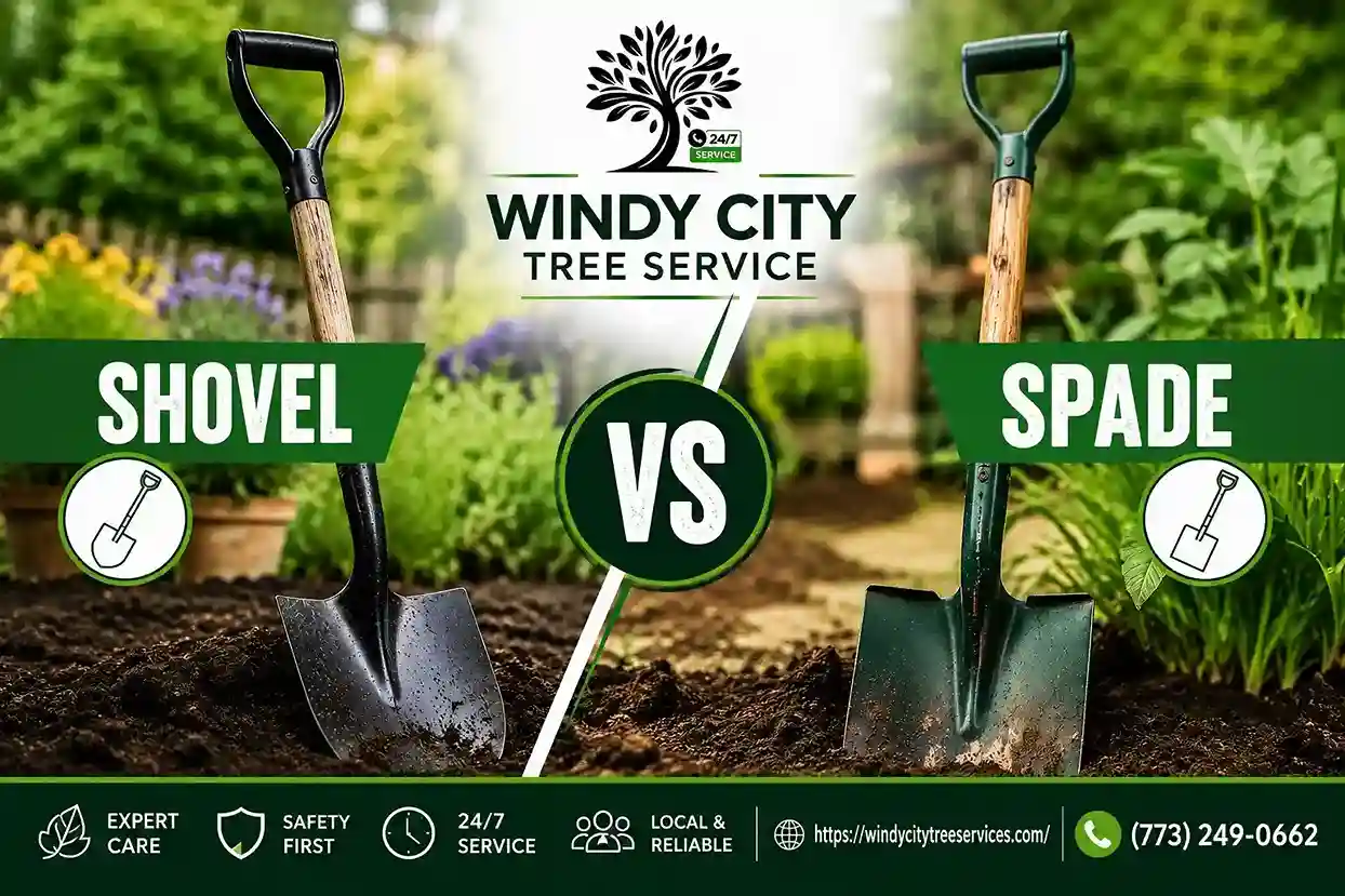 Shovel vs spade comparison showing a curved-blade garden shovel and a flat-blade garden spade side by side in a landscaped Chicago yard