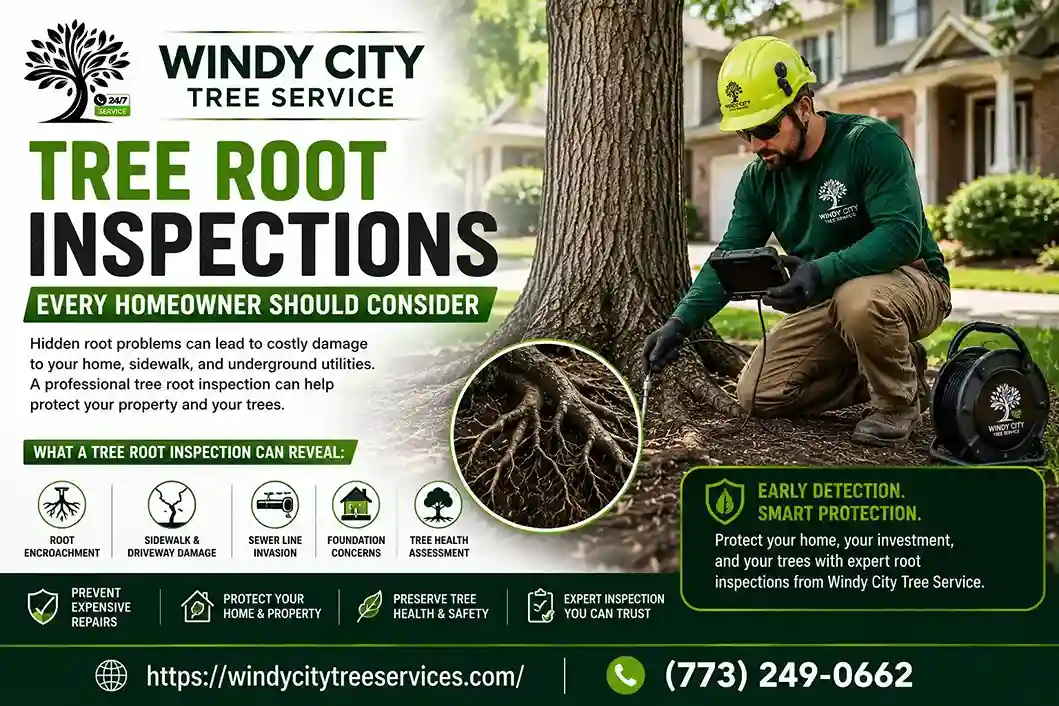 ISA Certified Arborist from Windy City Tree Services inspecting the trunk and root flare of a mature tree in a Chicago backyard