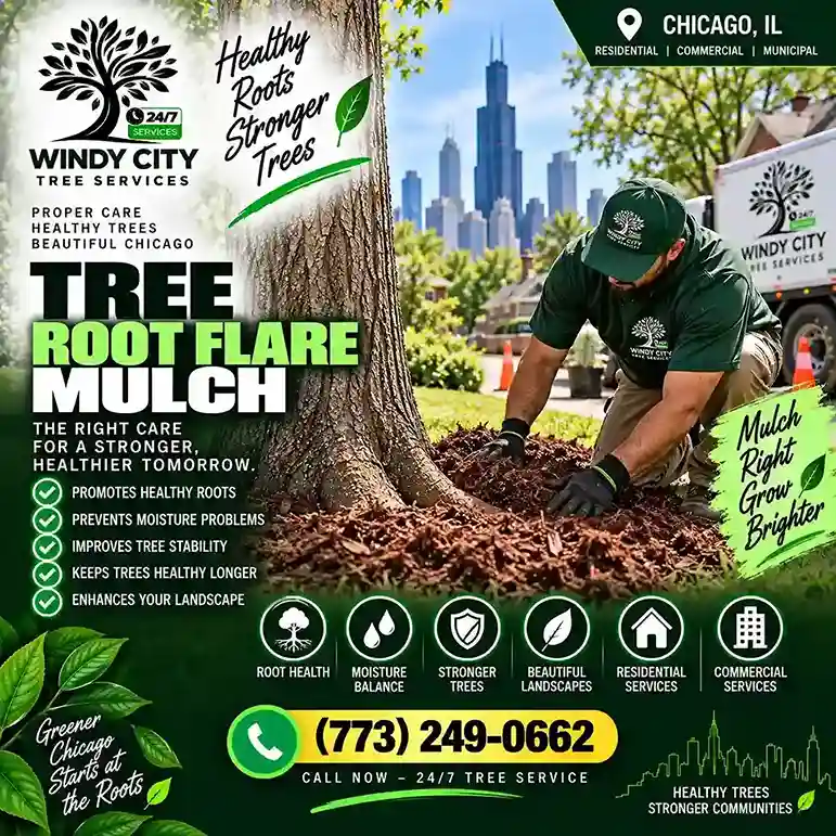 Visible tree root flare with properly applied mulch
