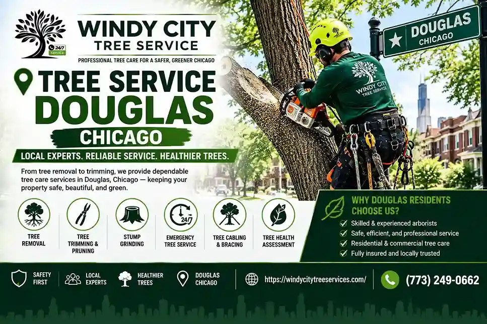 Professional tree care near a residential courtyard in Douglas Chicago