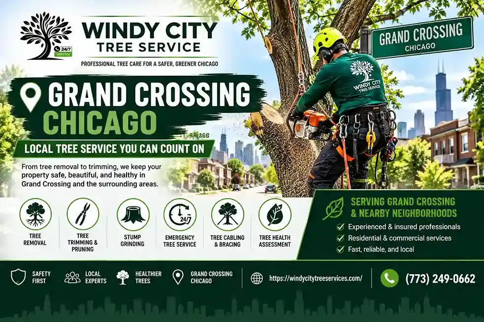 Professional tree care on a residential bungalow block in Greater Grand Crossing Chicago