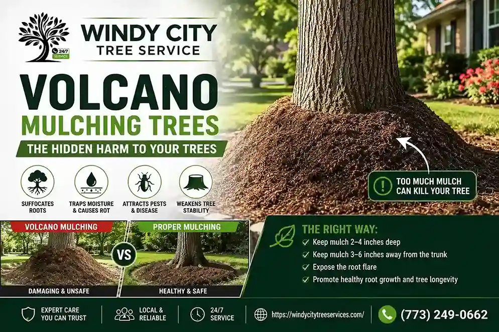 Volcano mulching trees compared with proper tree mulching